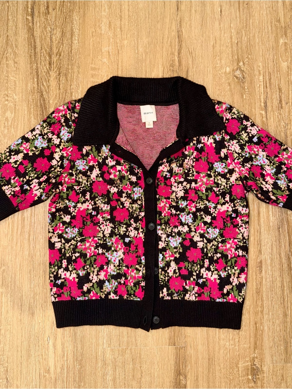 Maeve | Maeve Black and Pink Floral Knit Cardigan
